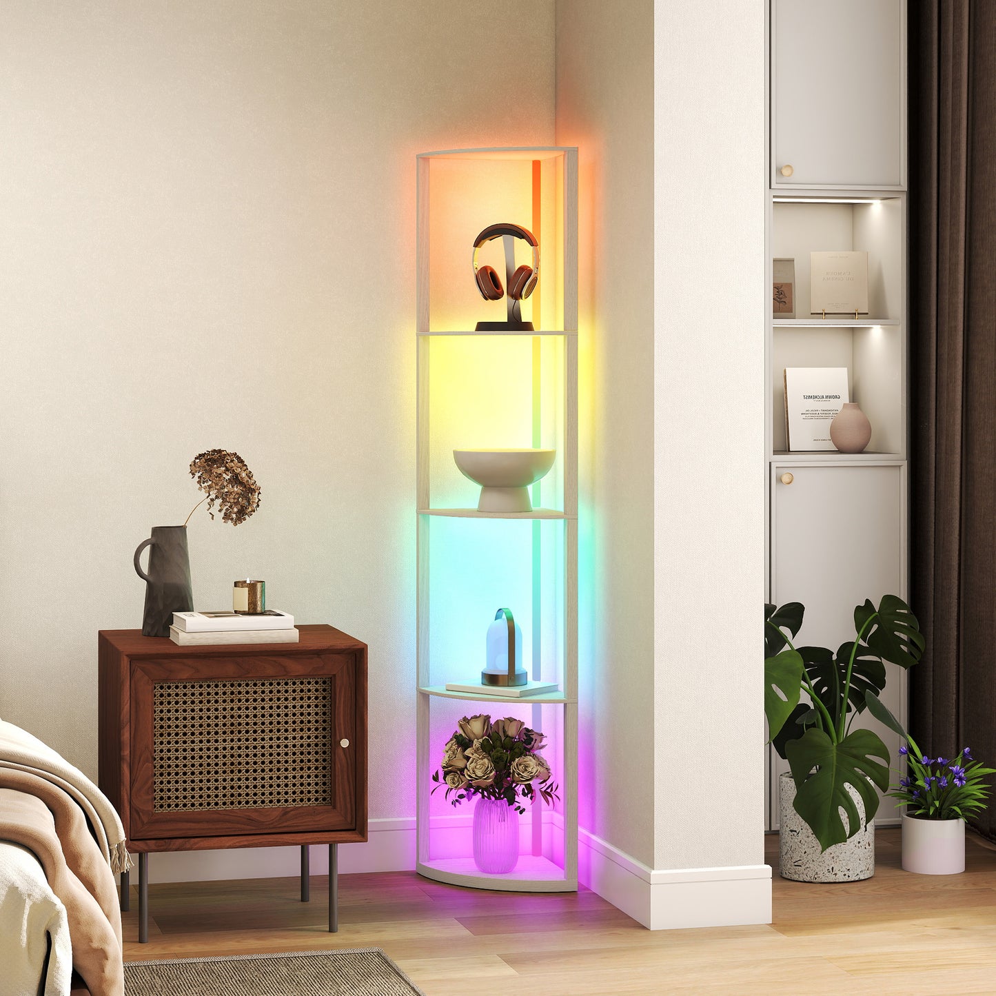 HOMCOM RGB LED Floor Lamp With Shelves Oak Finish 4 Tier Dimmable Standing Lamp With Remote Control
