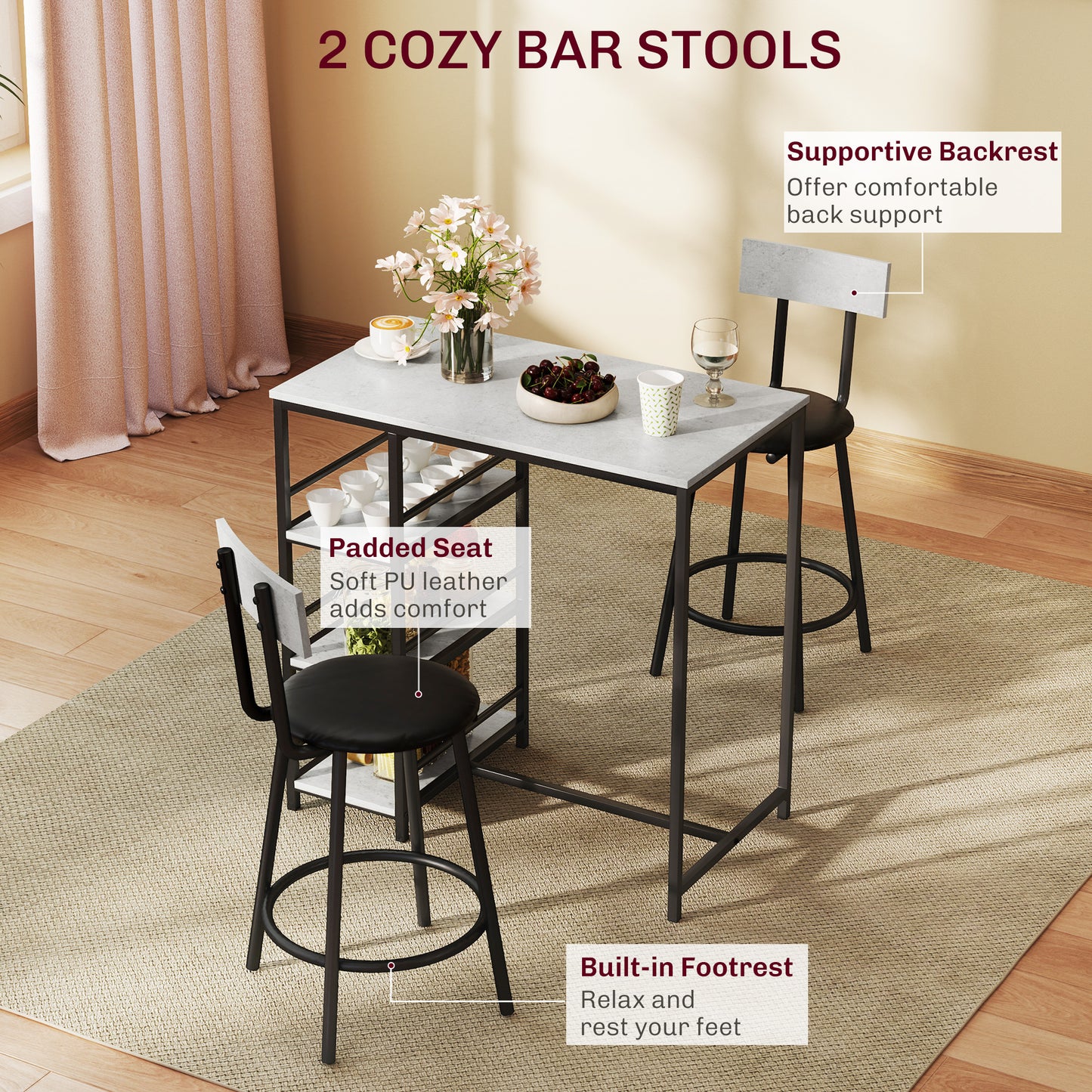HOMCOM Three Piece Kitchen Dining Set With Shelves Space Saving Grey And Black Bar Table And Two Bar Chairs