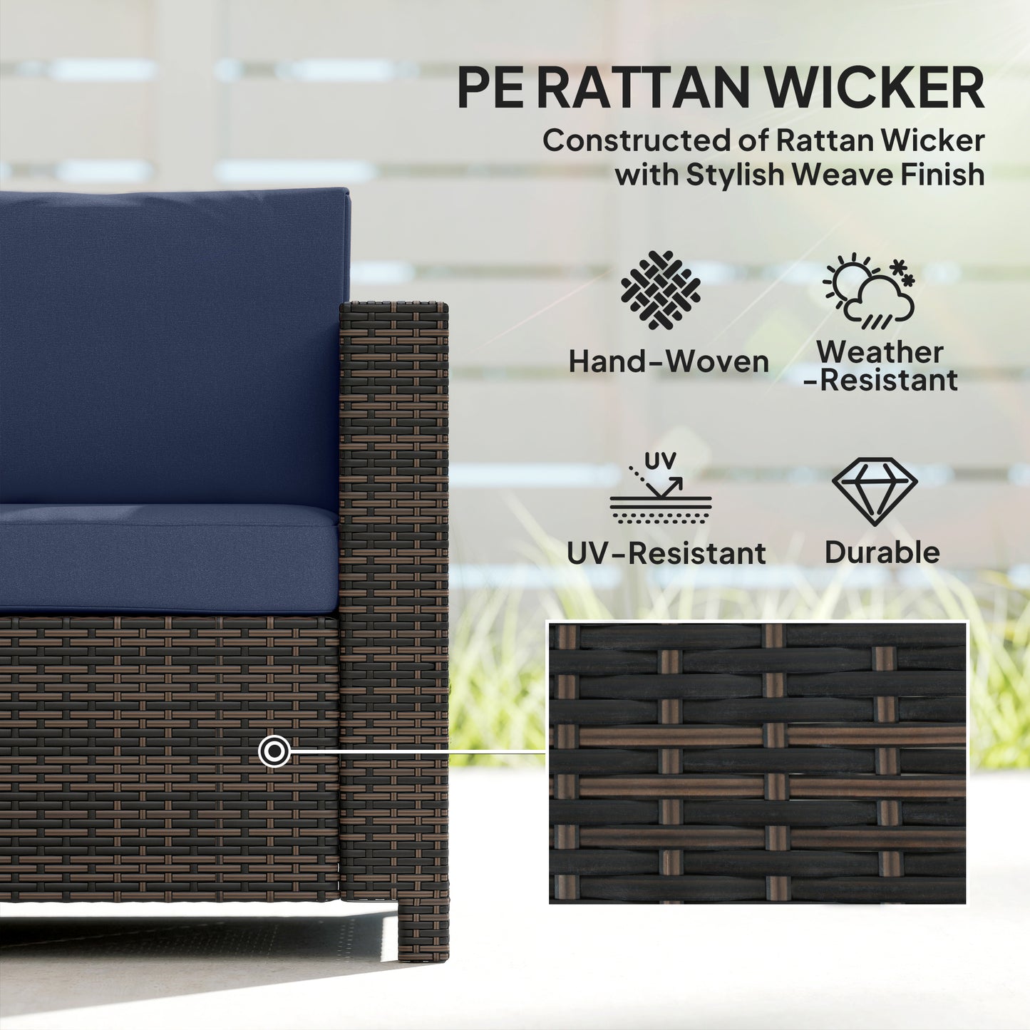 Outsunny 3 Seater Garden Rattan Sofa All Weather Wicker Weave With Steel Frame Water Resistant Cushions Dark Blue