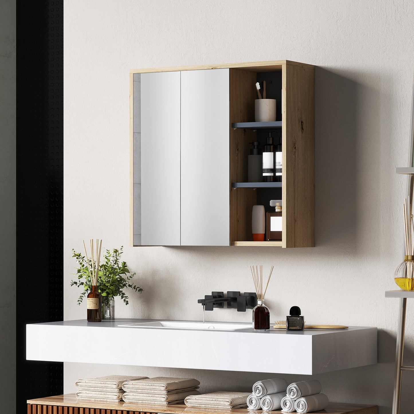 HOMCOM Five Shelf Mirrored Bathroom Cabinet Wood Effect Wall Mounted With Door Shelves And Outer Shelves