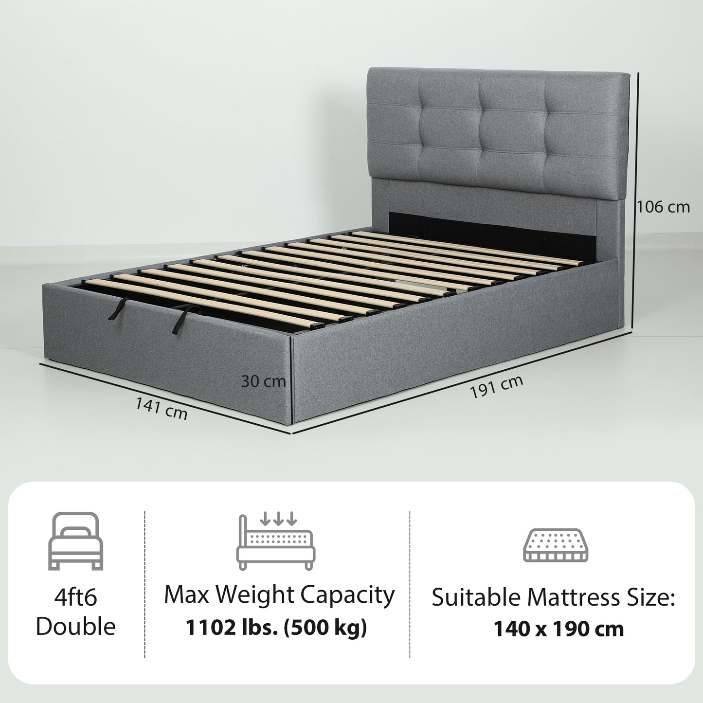 HOMCOM 4ft6 Double Ottoman Bed With Gas Lift Storage Grey Space Saving Underbed Storage Solution