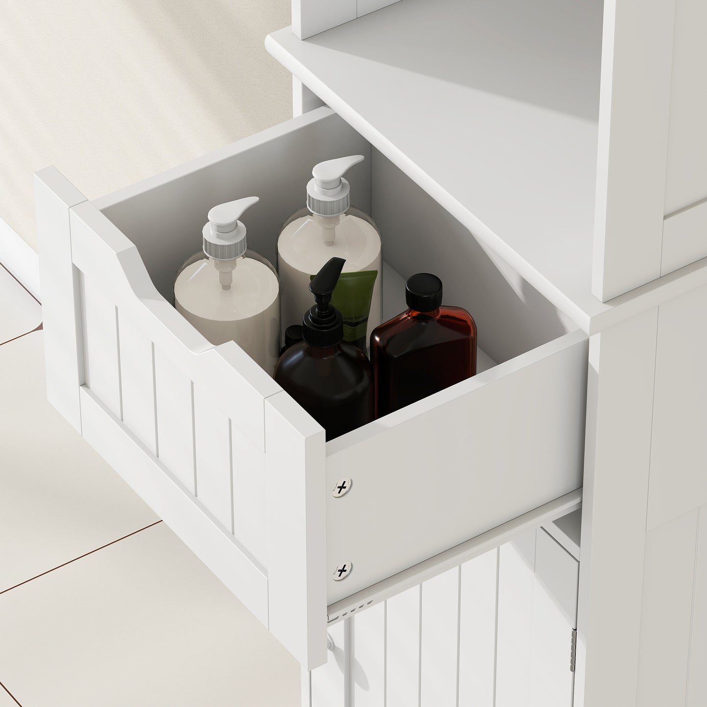 HOMCOM Slim Bathroom Storage Cabinet With Motion Sensor LED Lights White With Upper And Lower Cupboards And Drawer