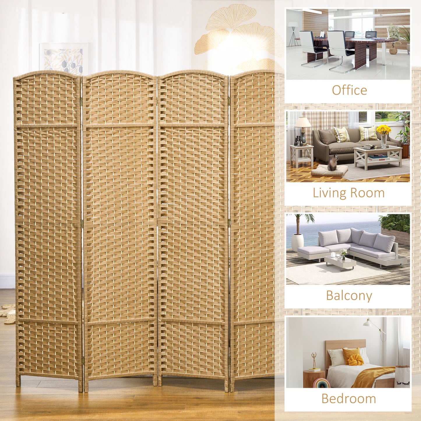 HOMCOM 6 Panel Folding Room Divider Freestanding Privacy Screen 240 x 170 cm Natural for Living Room Bedroom Office