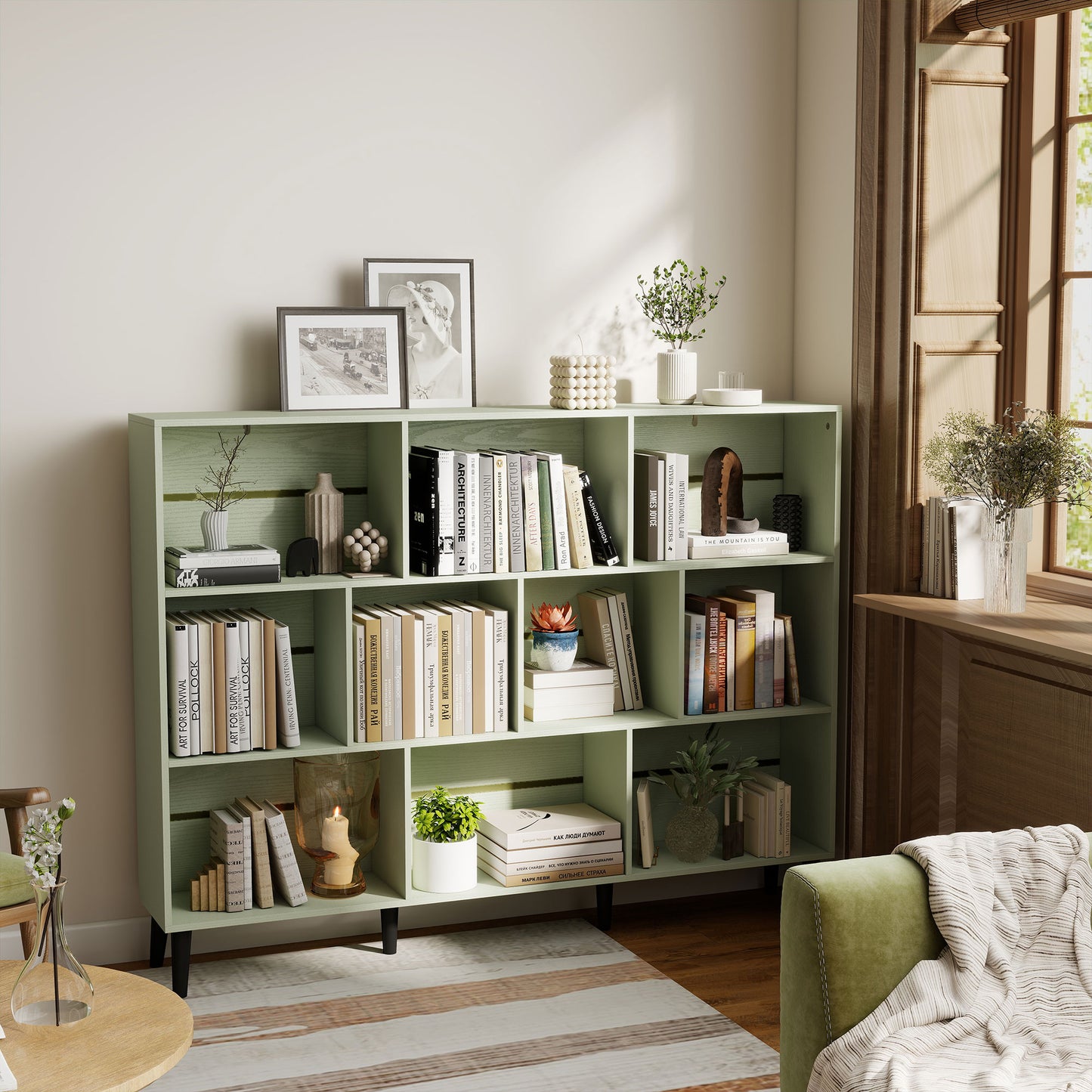 HOMCOM 10 Cube Bookcase with Solid Wood Legs 3 Tier Modern Bookshelf 140 cm Light Green Anti Tip Kit