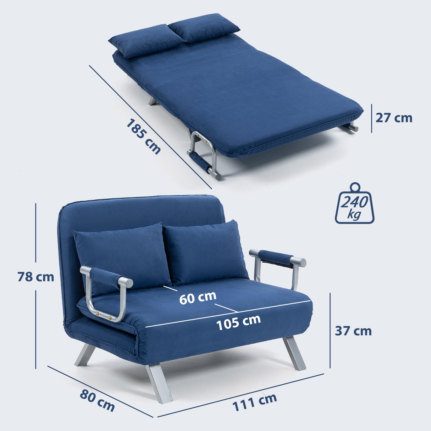 HOMCOM Two Seater Click Clack Sofa Bed Dark Blue With Adjustable Back And Plush Faux Suede Upholstery