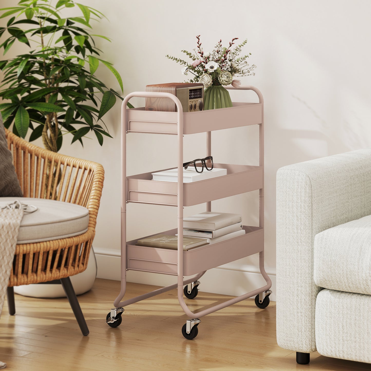 HOMCOM Three Tier Storage Trolley On Wheels With Mesh Baskets In Light Pink For Kitchen Bathroom And Bedroom