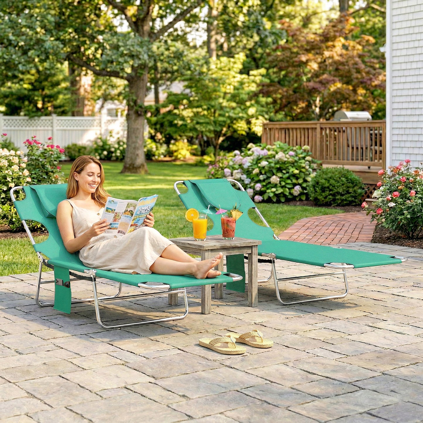 Outsunny 5 Position Adjustable Sun Loungers Set Of 2 With Reading Hole And Side Pocket Green