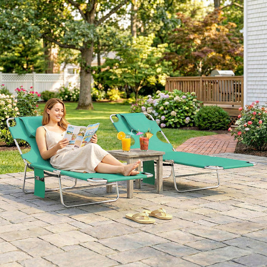 Outsunny 5 Position Adjustable Sun Loungers Set Of 2 With Reading Hole And Side Pocket Green
