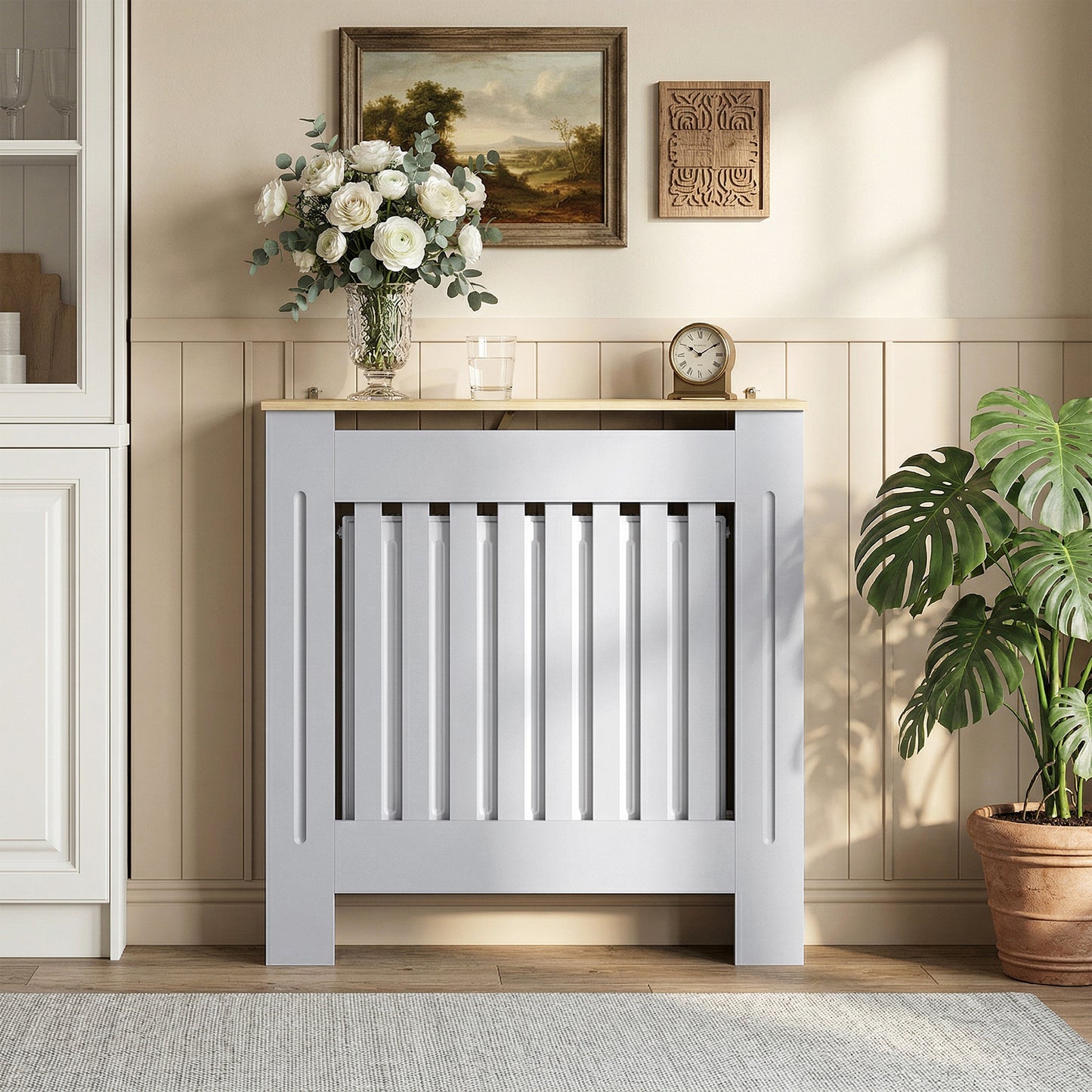 HOMCOM Slatted Radiator Cover In Grey Painted MDF With Lined Grill 78L x 19W x 81H cm