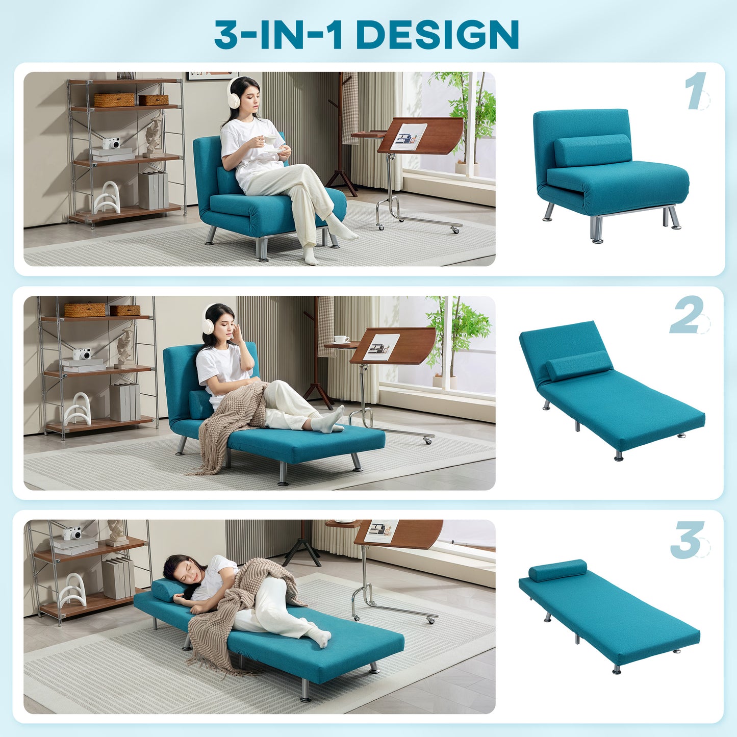 HOMCOM Single Linen Feel Sleeper Chair Dark Blue Three In One Convertible Chair To Chaise And Bed