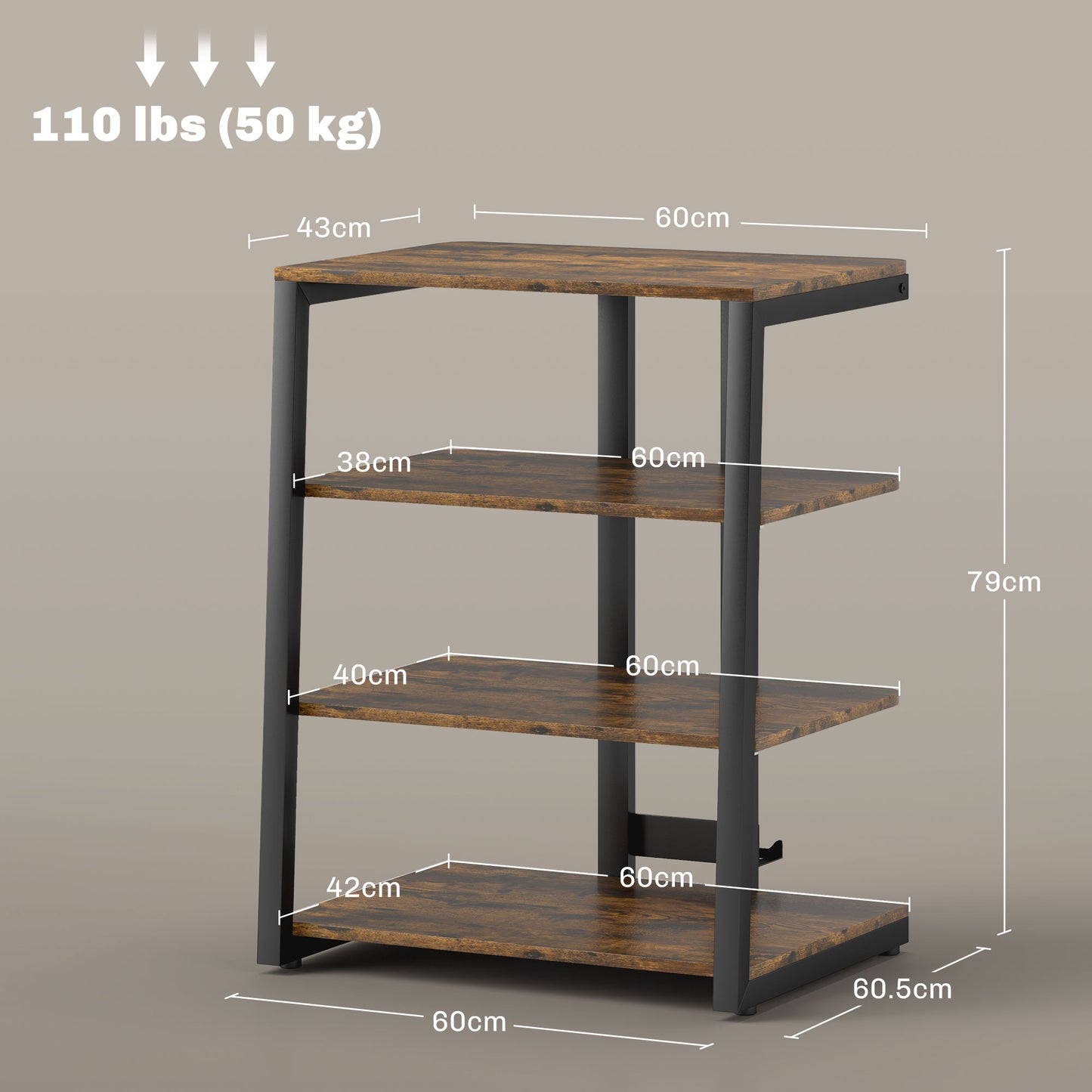 HOMCOM HiFi Stand With Four Adjustable Storage Shelves Rustic Brown Finish Sturdy Steel Frame for Audio Video Equipment
