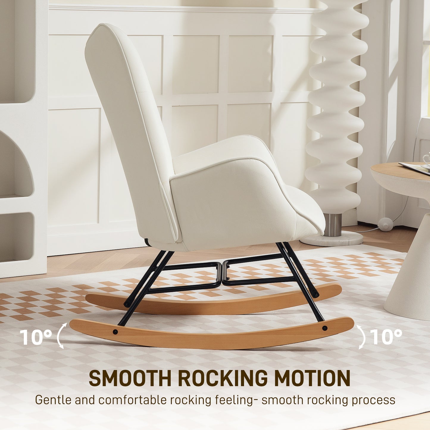 HOMCOM Velvet Rocking Chair Armchair With Solid Wood Legs And Metal Frame Cream Living Room Bedroom