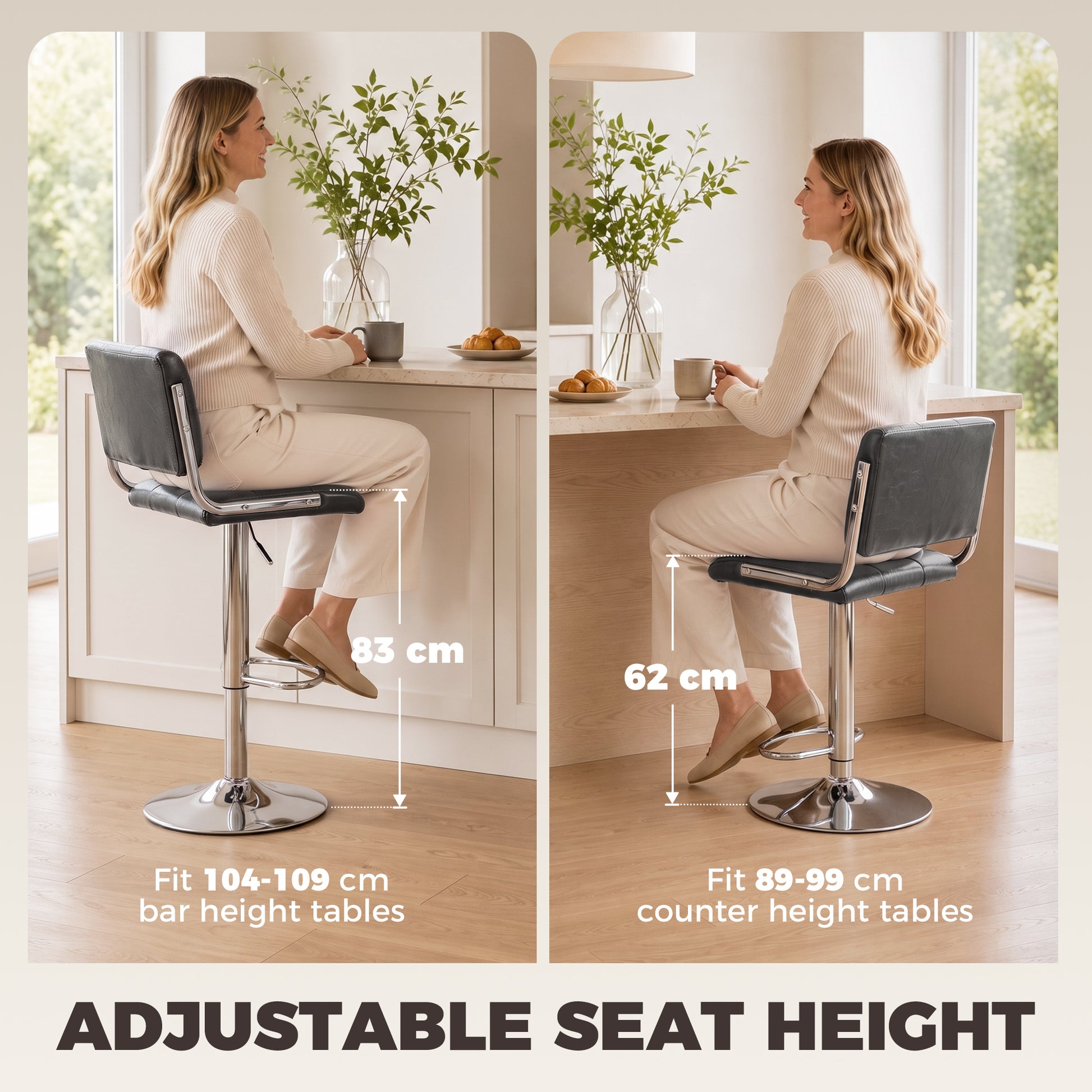 Pair of grey height-adjustable bar stools with backrests, chrome bases, seat-height guide