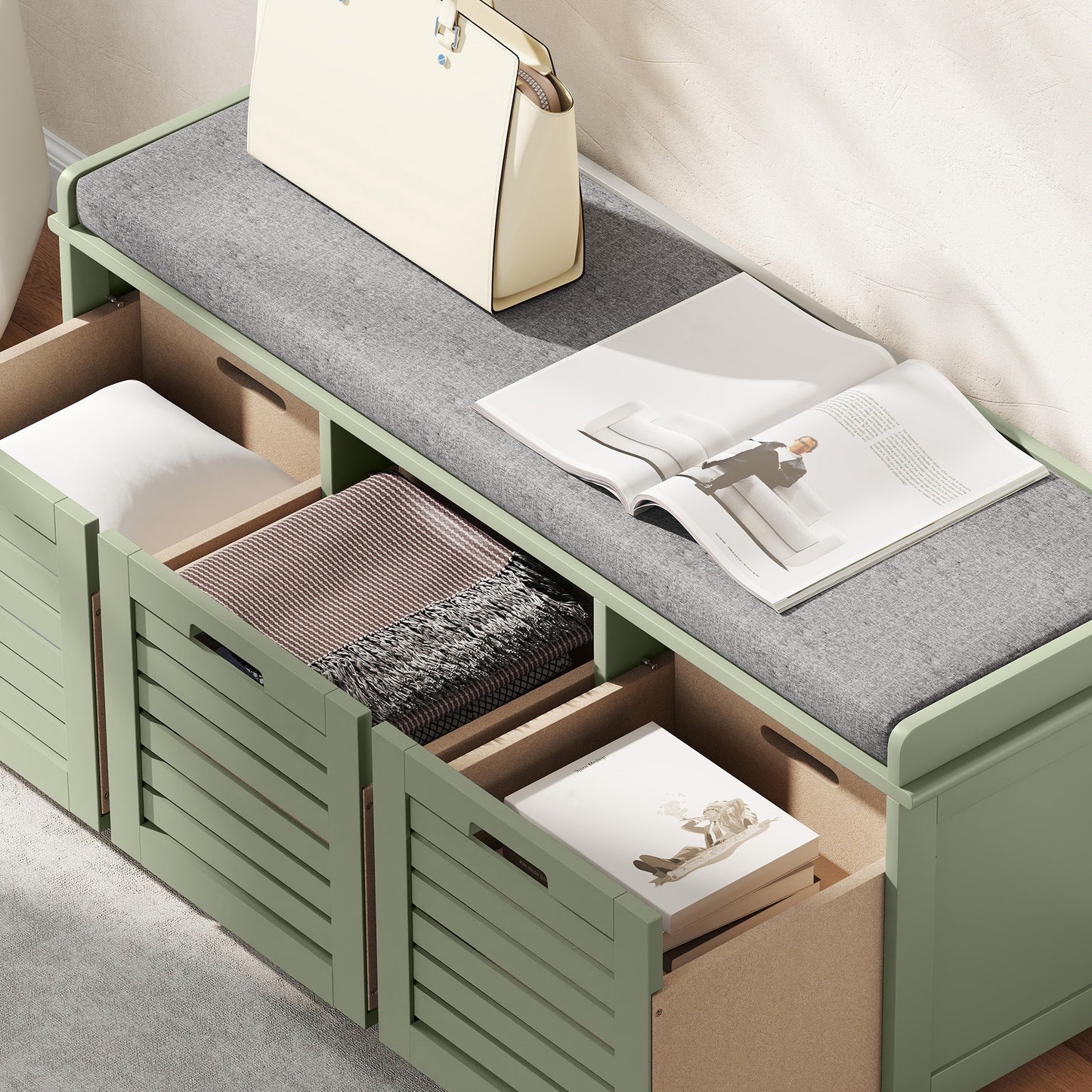 HOMCOM 3 Drawer Shoe Storage Bench With 160kg Capacity And 3 Fully Pull Out Drawers Green