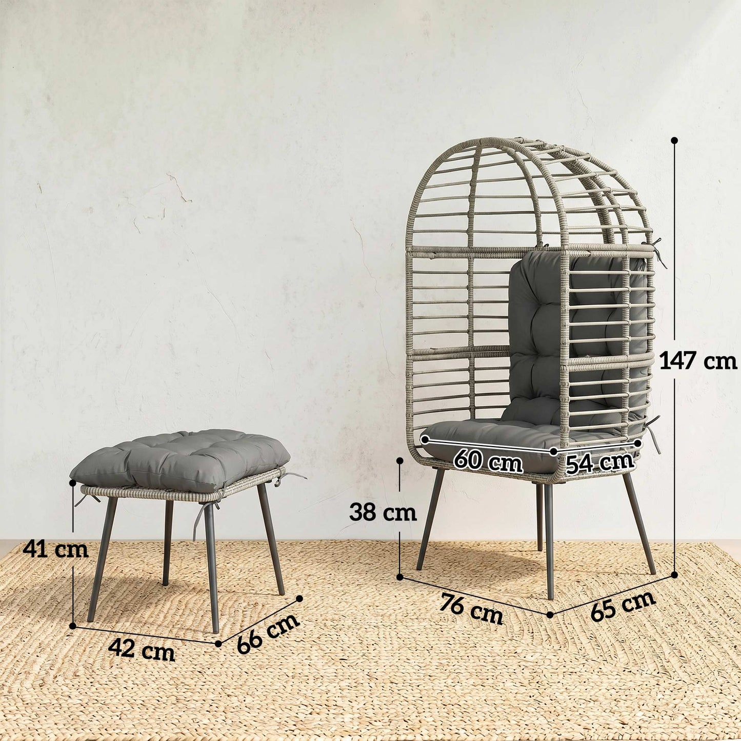 Outsunny Garden Egg Chair With Footstool Rattan Indoor Outdoor Lounge Chair And Ottoman Set Thick Cushions Light Grey