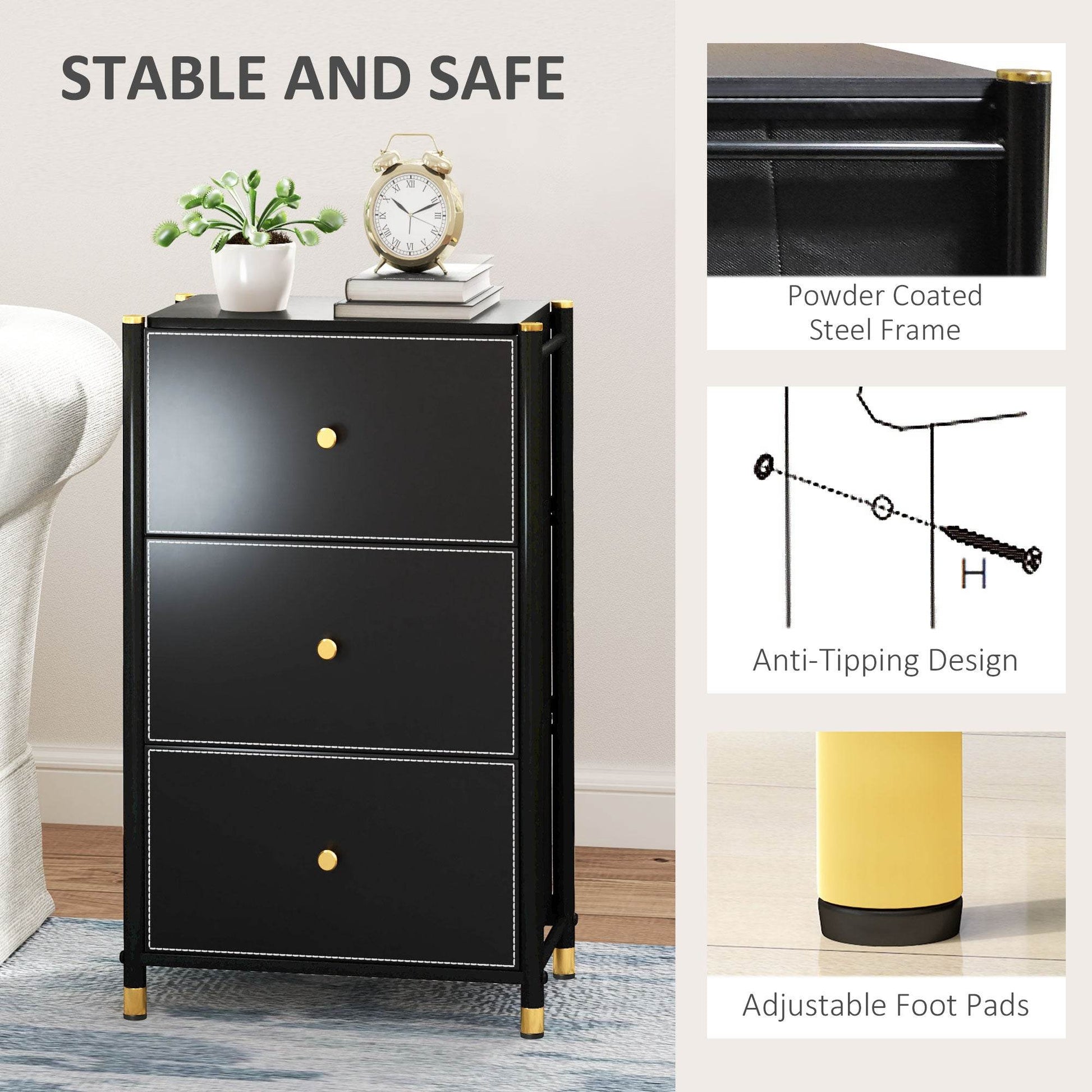 HOMCOM Sleek Black Faux Leather 3-Drawer Chest with Gold Accents - ALL4U RETAILER LTD