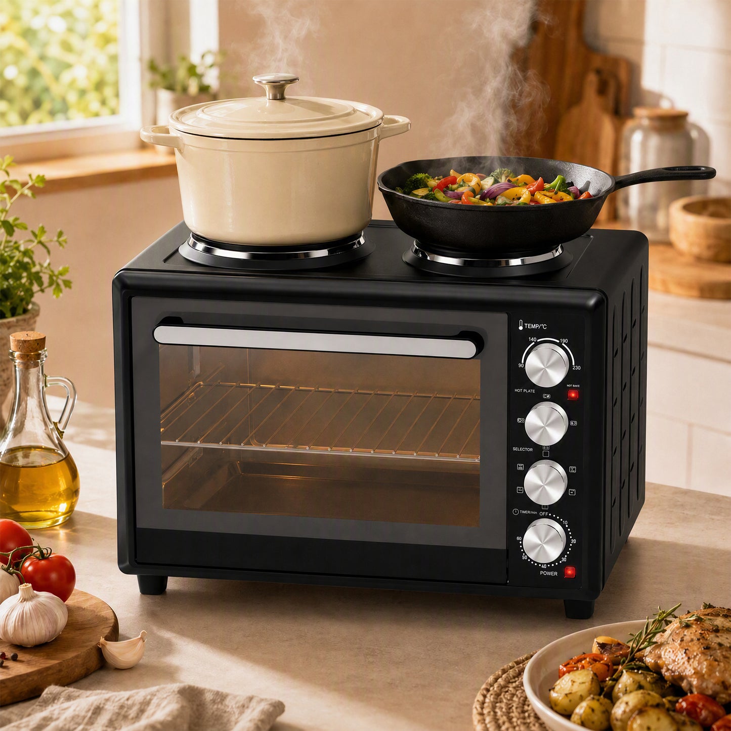 HOMCOM 36L Countertop Convection Oven With Dual Hot Plates And Adjustable Temperature