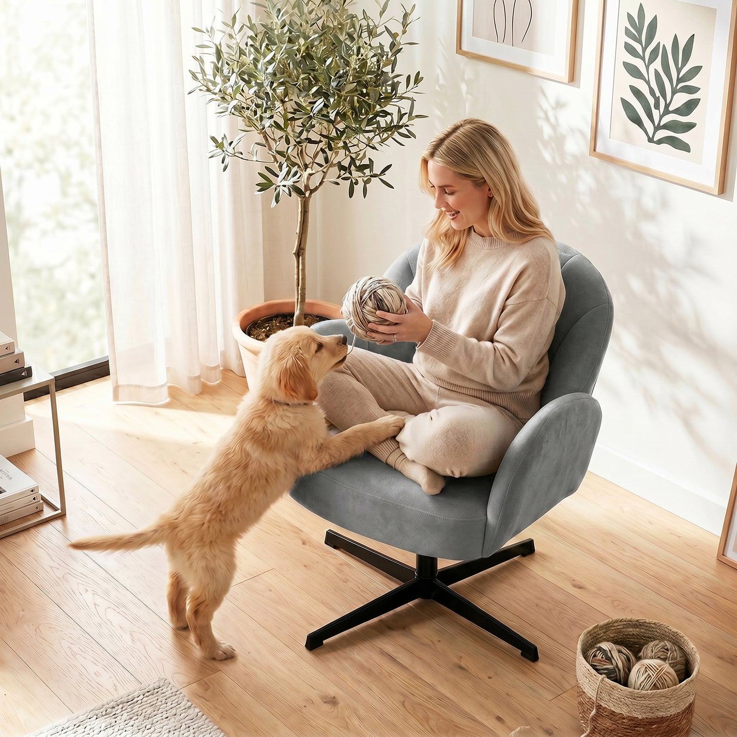 HOMCOM Swivel Accent Chair Shell Shaped Armchair With Spring Cushion 360 Degree Swivel Metal Base Grey