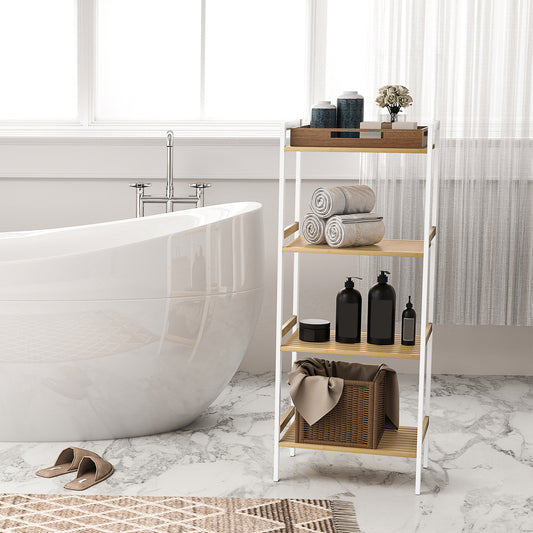 HOMCOM Four Tier Bamboo Adjustable Storage Shelf Unit for Bathroom and Home Organization with Seven Level Adjustments