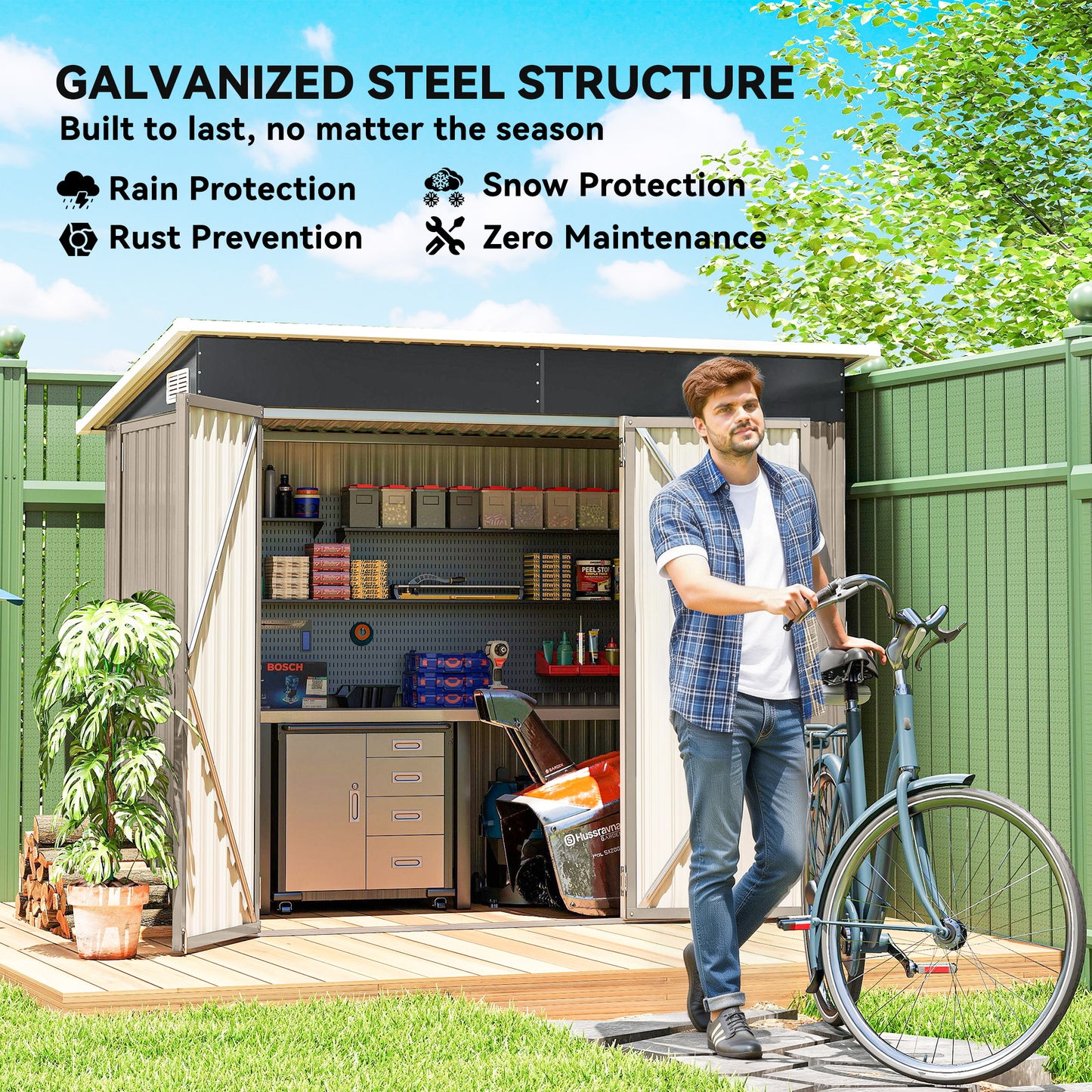 Outsunny 7.5 x 4.3 Ft Metal Garden Storage Shed Waterproof Outdoor Shed With Triple Lockable Doors Vents Light Grey