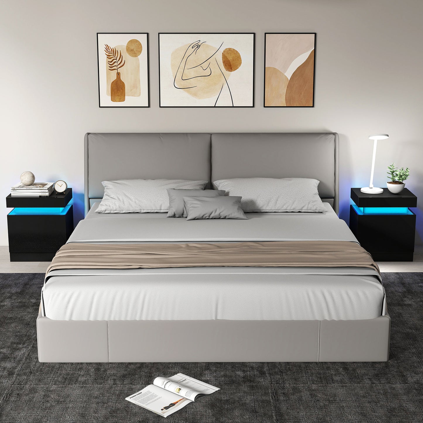 HOMCOM Black LED Bedside Table Set Of 2 With Color Changing Light High Gloss Front Nightstands With Two Drawers