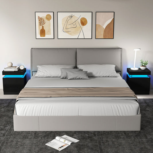 HOMCOM Black LED Bedside Table Set Of 2 With Color Changing Light High Gloss Front Nightstands With Two Drawers