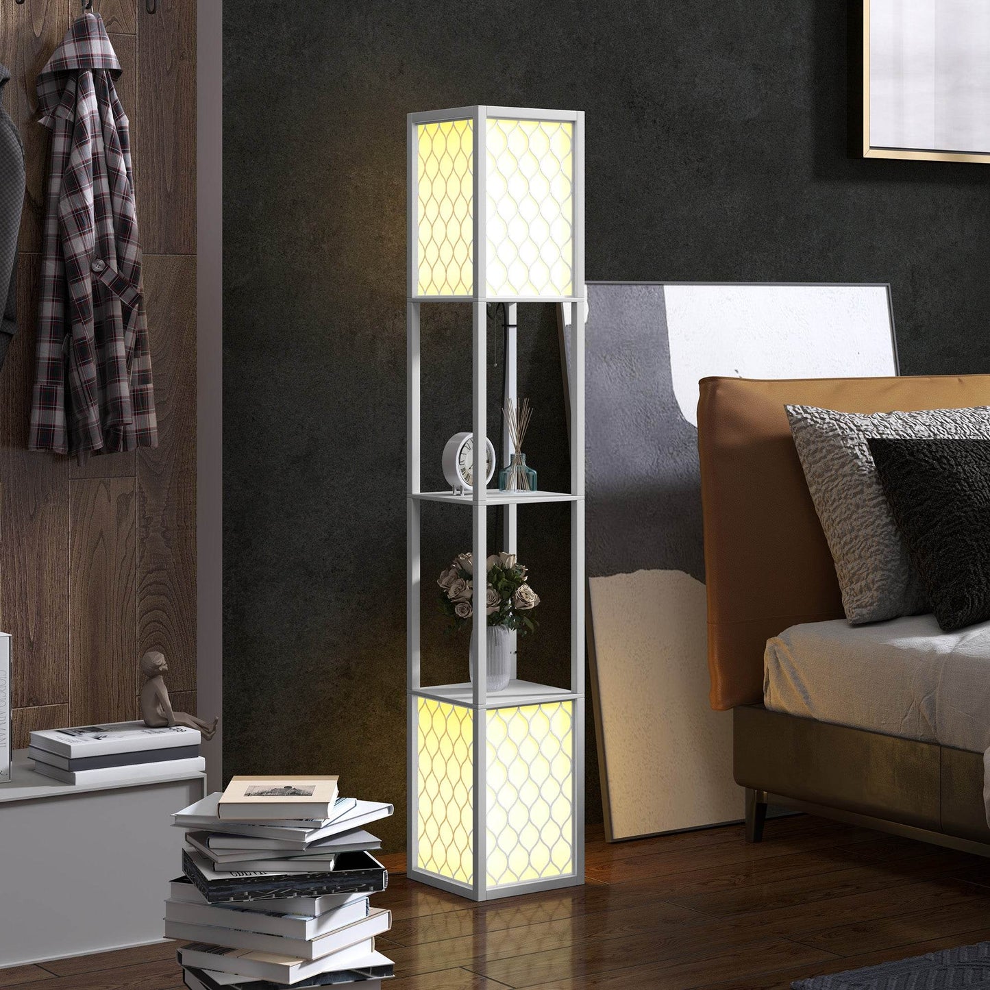 Modern White Tall Floor Lamp with Dual Light and Storage Shelves, Pull Chain Switch (Bulb Not Included) - ALL4U RETAILER LTD