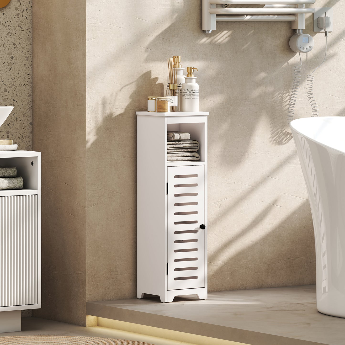 HOMCOM Bathroom Floor Cabinet With Louvered Door And Open Shelf White Adjustable Shelf Anti Tipping