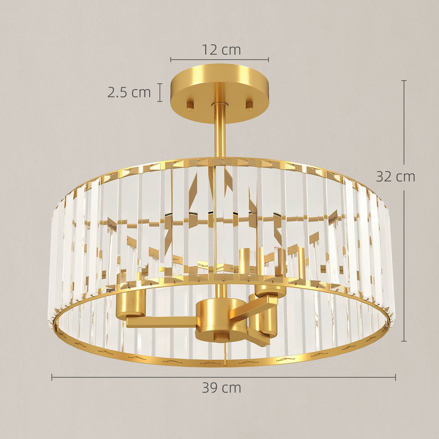 HOMCOM Crystal Ceiling Light Fixture Semi Flush Mount Modern Crystal Chandelier E14 Base 3 Lights Gold Tone