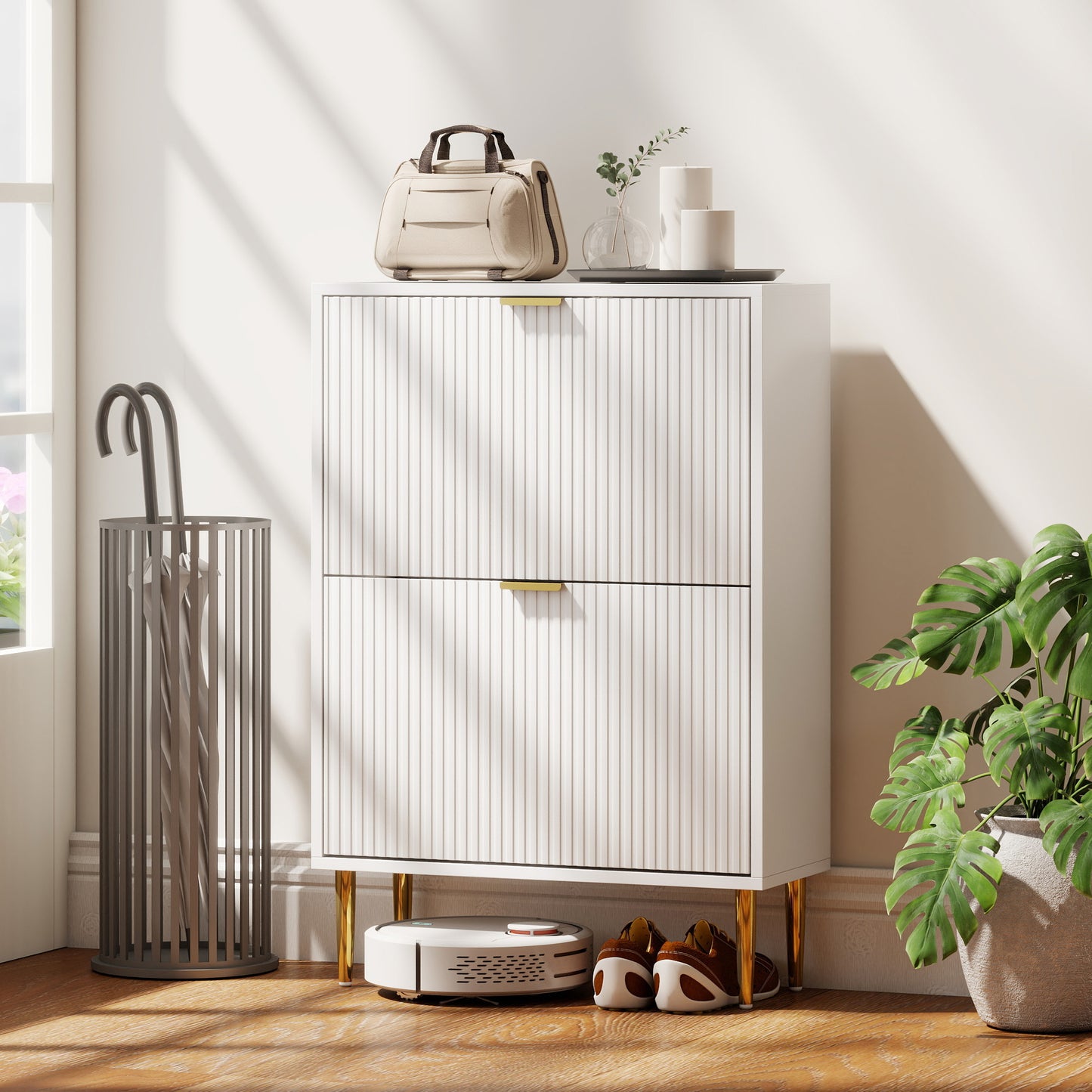HOMCOM Elegant Two Drawer White Shoe Cabinet With Ridged Doors And Gold Accents Adjustable Shelves For 6 To 12 Pairs