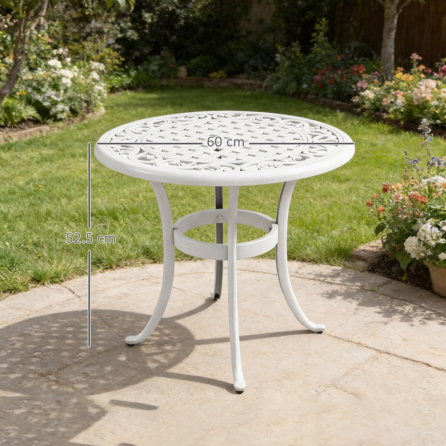 Outsunny 60 cm Round Garden Table Cast Aluminium Outdoor Patio Table White Elegant Cutout Top