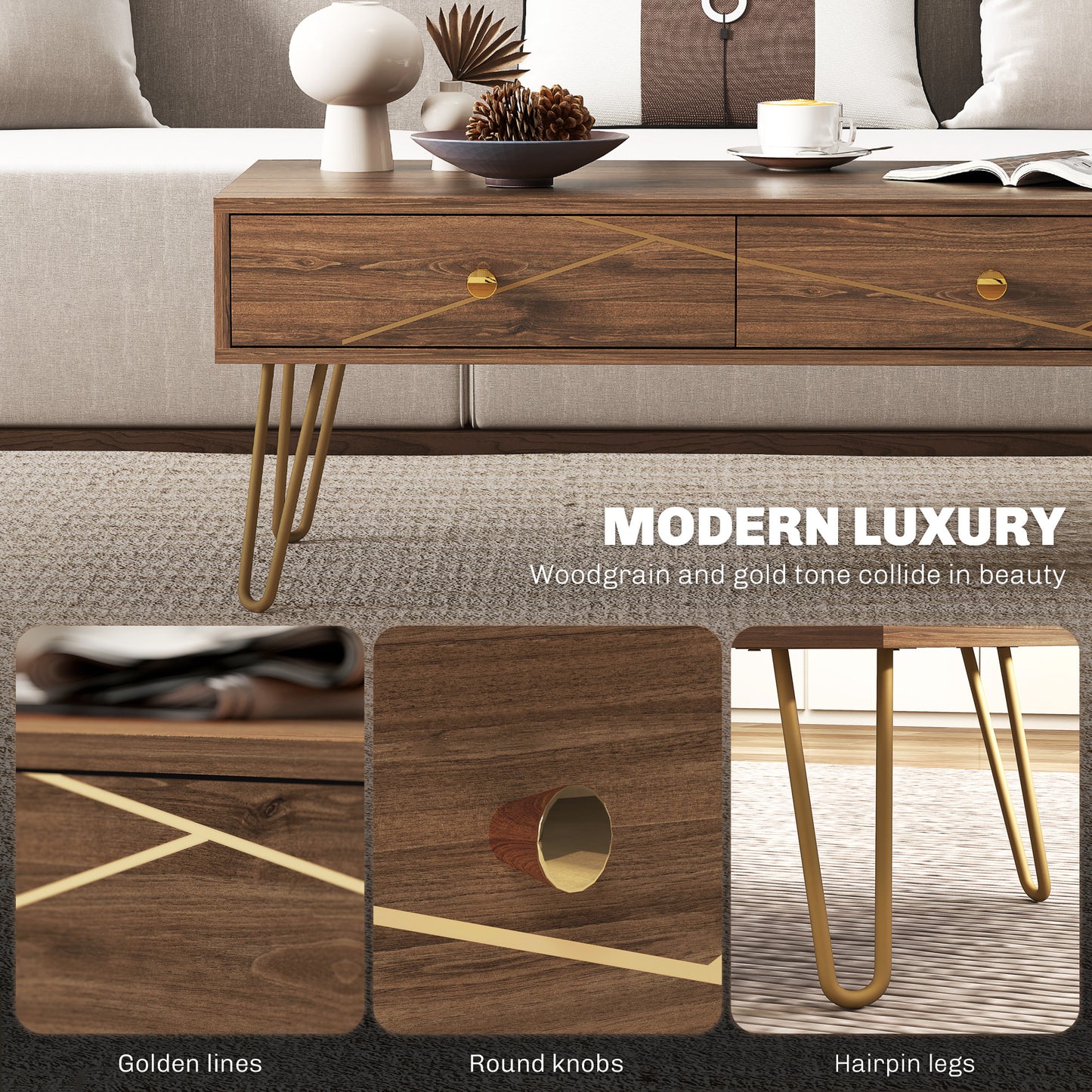 HOMCOM Coffee Table With Storage And Drawers, Rectangular Living Room Table With Steel Base Brown 100 x 50 x 41 cm
