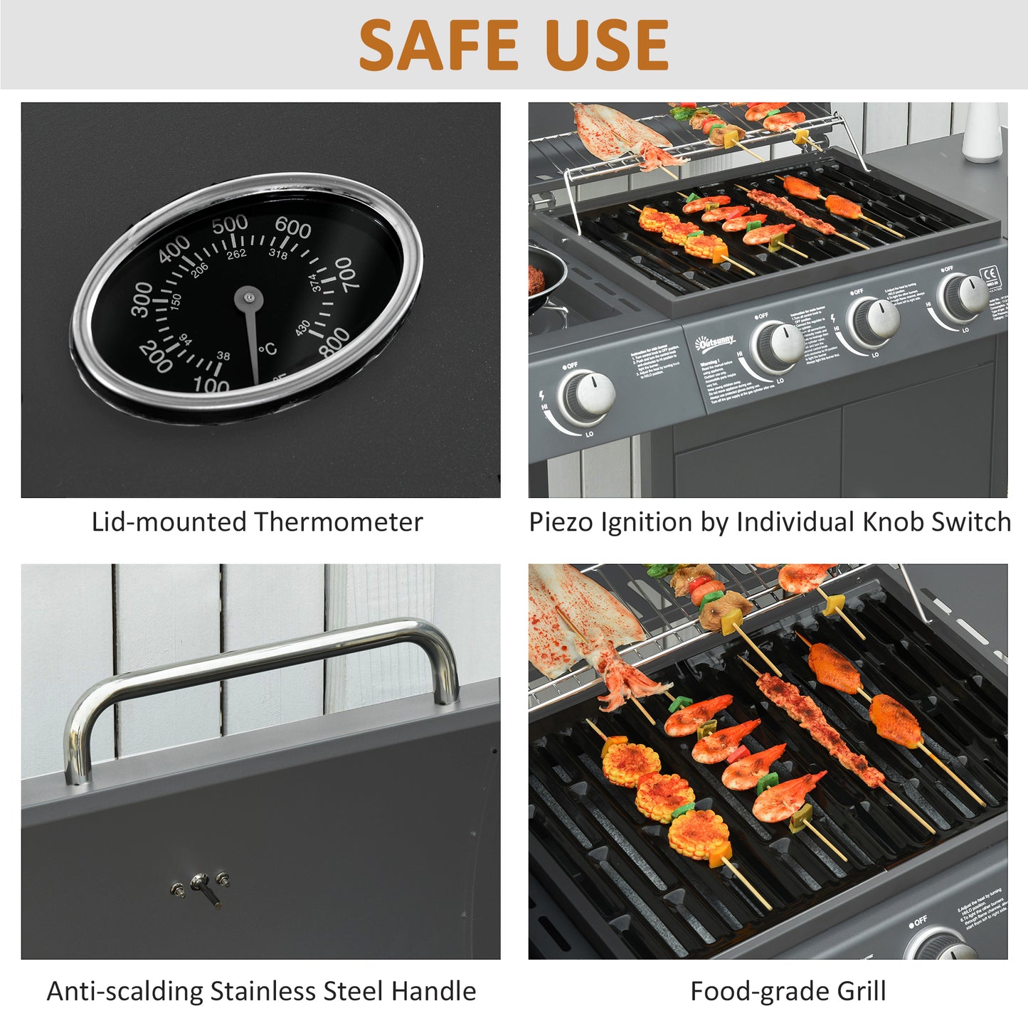Outsunny 3 Plus 1 Burner Gas Bbq Grill With Trolley Wheels Cabinet Side Shelves Warming Rack And Thermometer