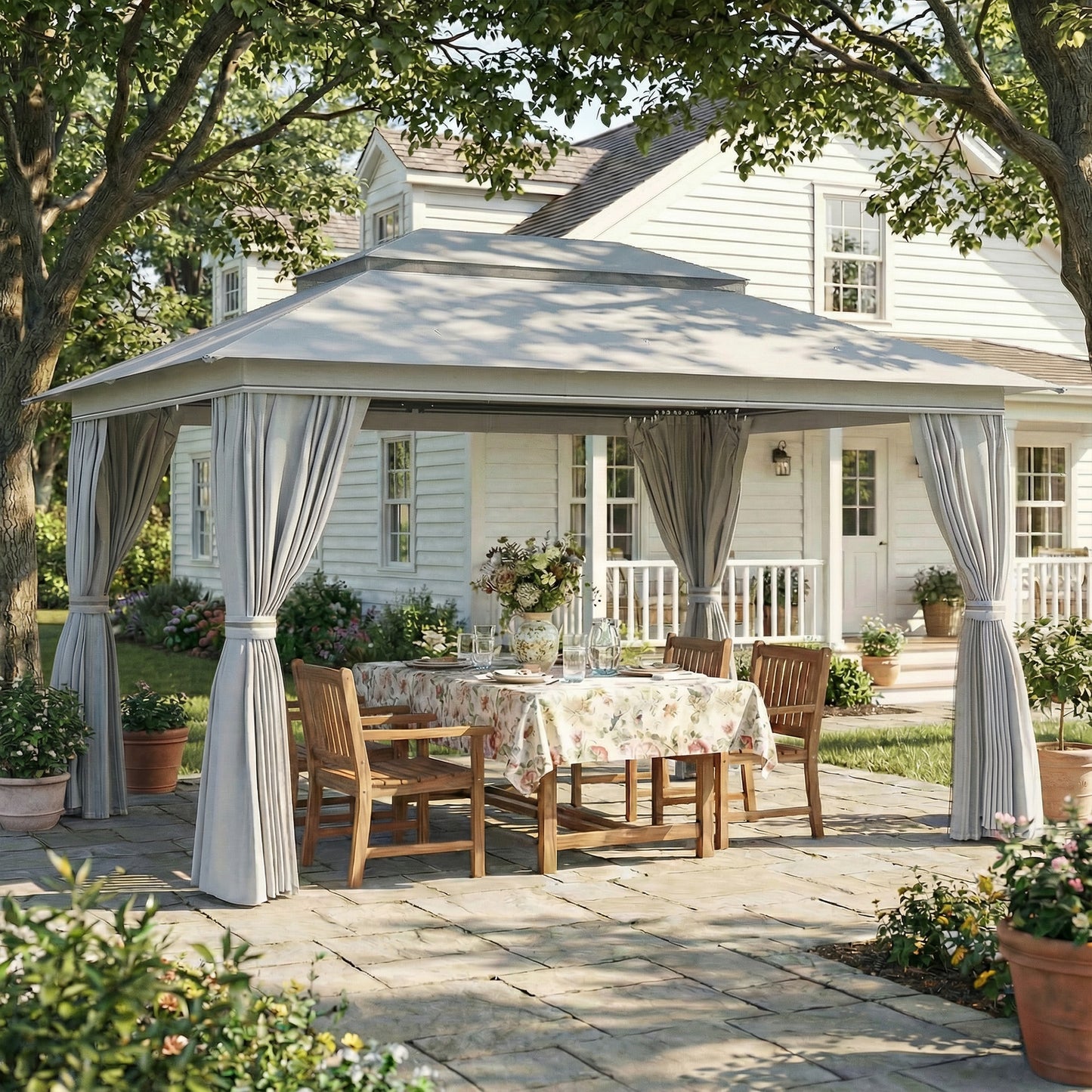Outsunny 3 x 4 m Outdoor Garden Gazebo With Netting And Curtains UPF50 Plus Permanent Pavilion Canopy Dark Grey