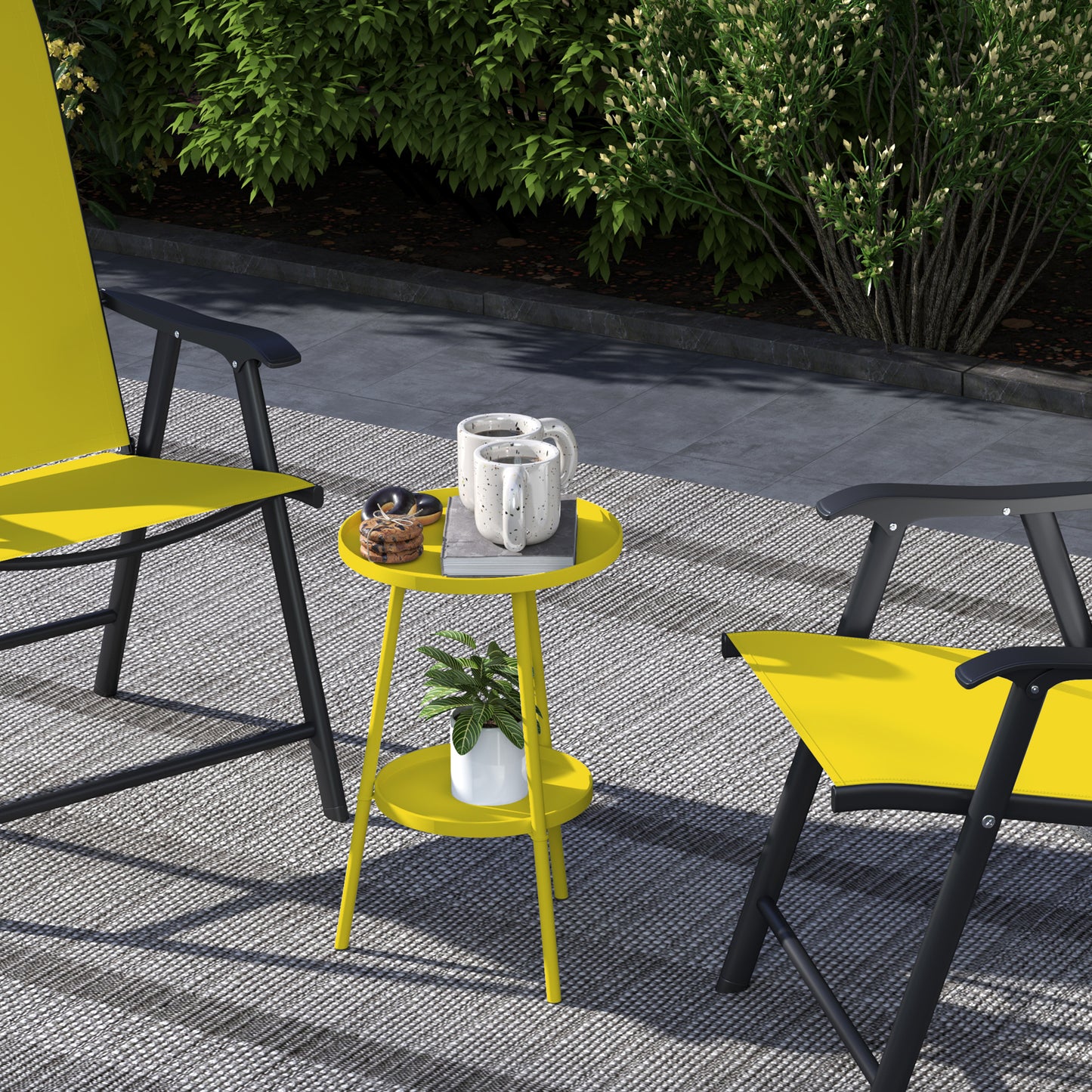 Outsunny Two Tier Metal Garden Table Yellow Indoor Outdoor Weather Resistant Patio Accent