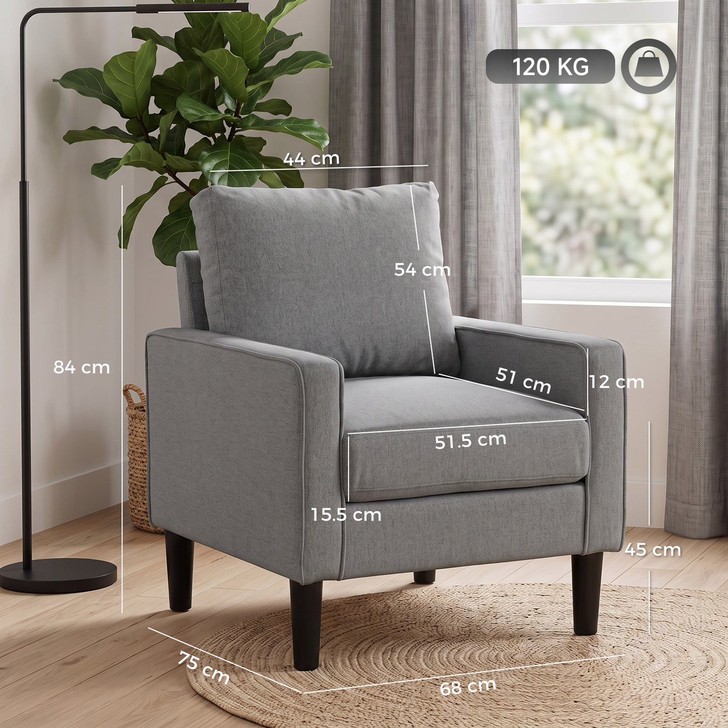 HOMCOM Linen Accent Chair Dark Grey Spring Cushion Living Room