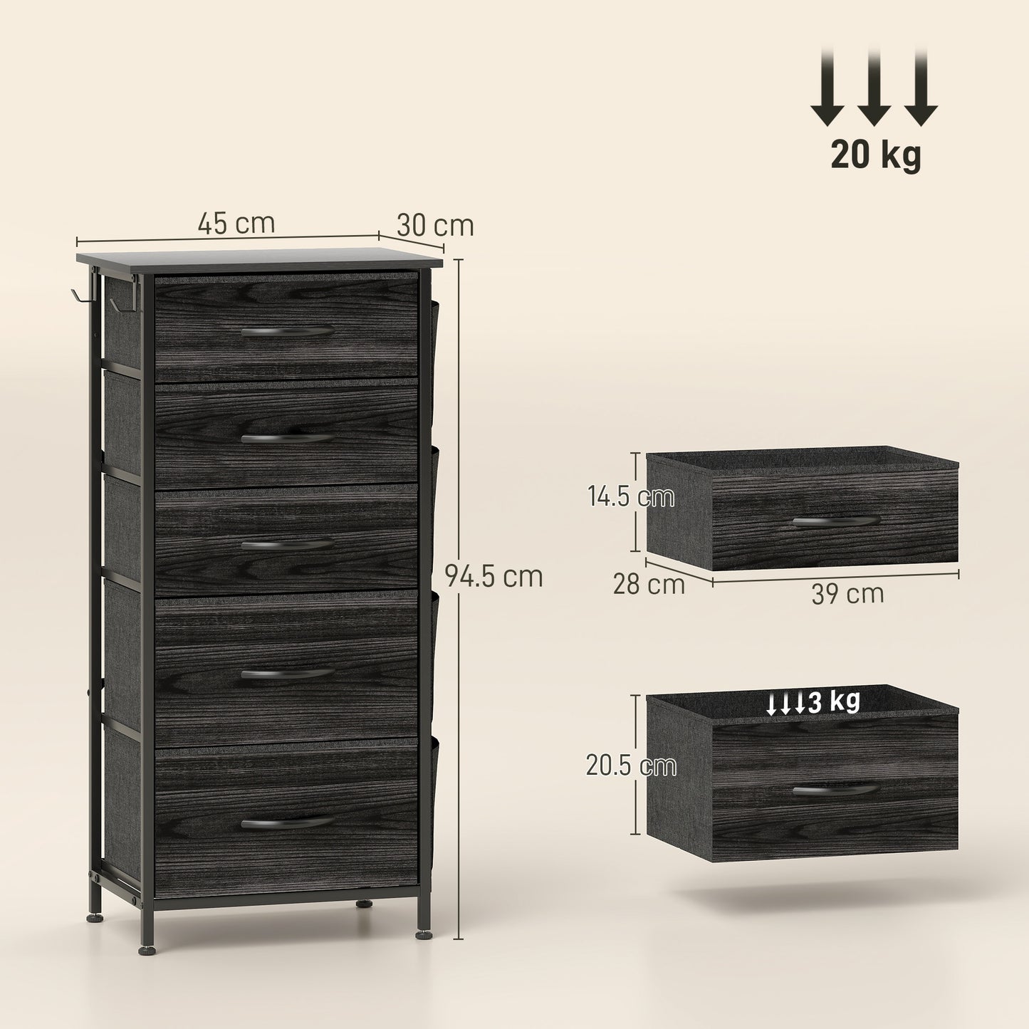 HOMCOM Five Drawers Fabric Chest of Drawers with Steel Frame and X Bar Support Black