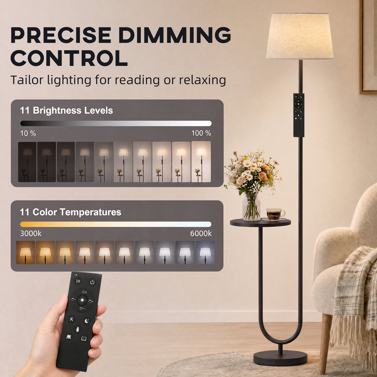 Dimmable floor lamp with remote control and linen shade above round side shelf