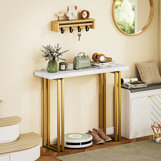 HOMCOM 100 cm Console Table With Faux Marble Top Narrow Entryway Table Anti-Tipping Device White