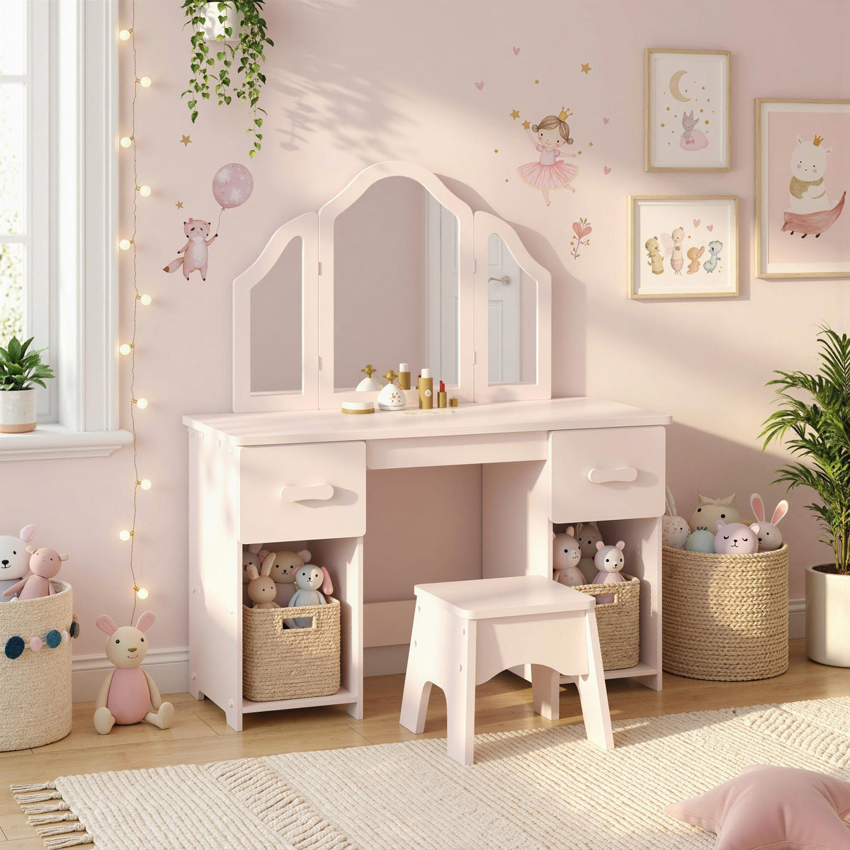 Kids white vanity table set with tri-fold mirror, open shelves, and matching stool