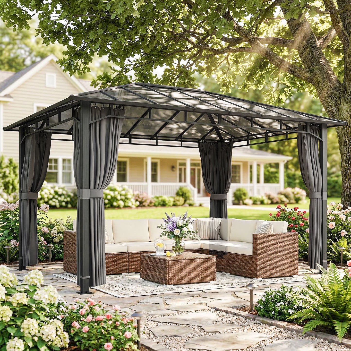 Outsunny 3 x 4 m Outdoor Hardtop Gazebo With Polycarbonate Roof Aluminum Permanent Pavilion With Curtains Dark Grey