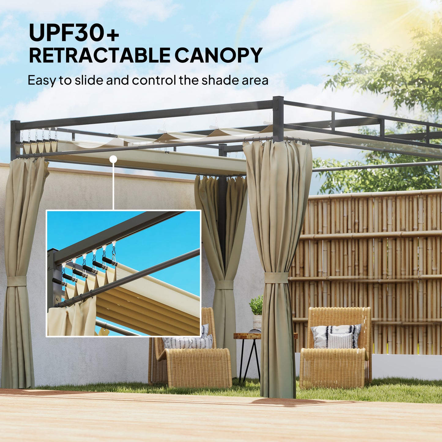 Outsunny 3x3 m Pergola with Retractable Roof Canopy and Curtains UPF30+ Metal Frame Garden Gazebo Sun Shade Khaki