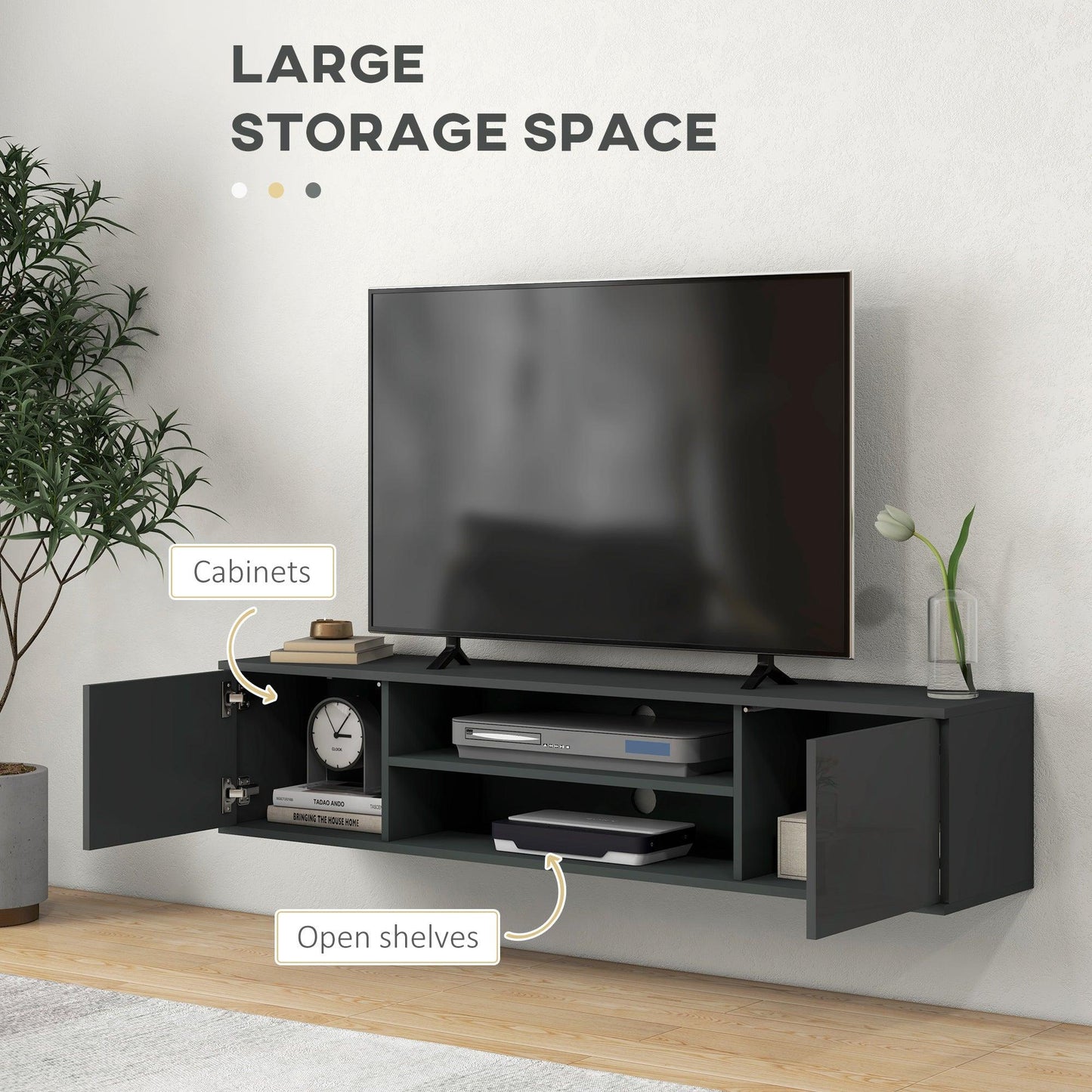 HOMCOM Grey Wall Mounted TV Stand for 60" TVs, Open Shelf and Storage - ALL4U RETAILER LTD