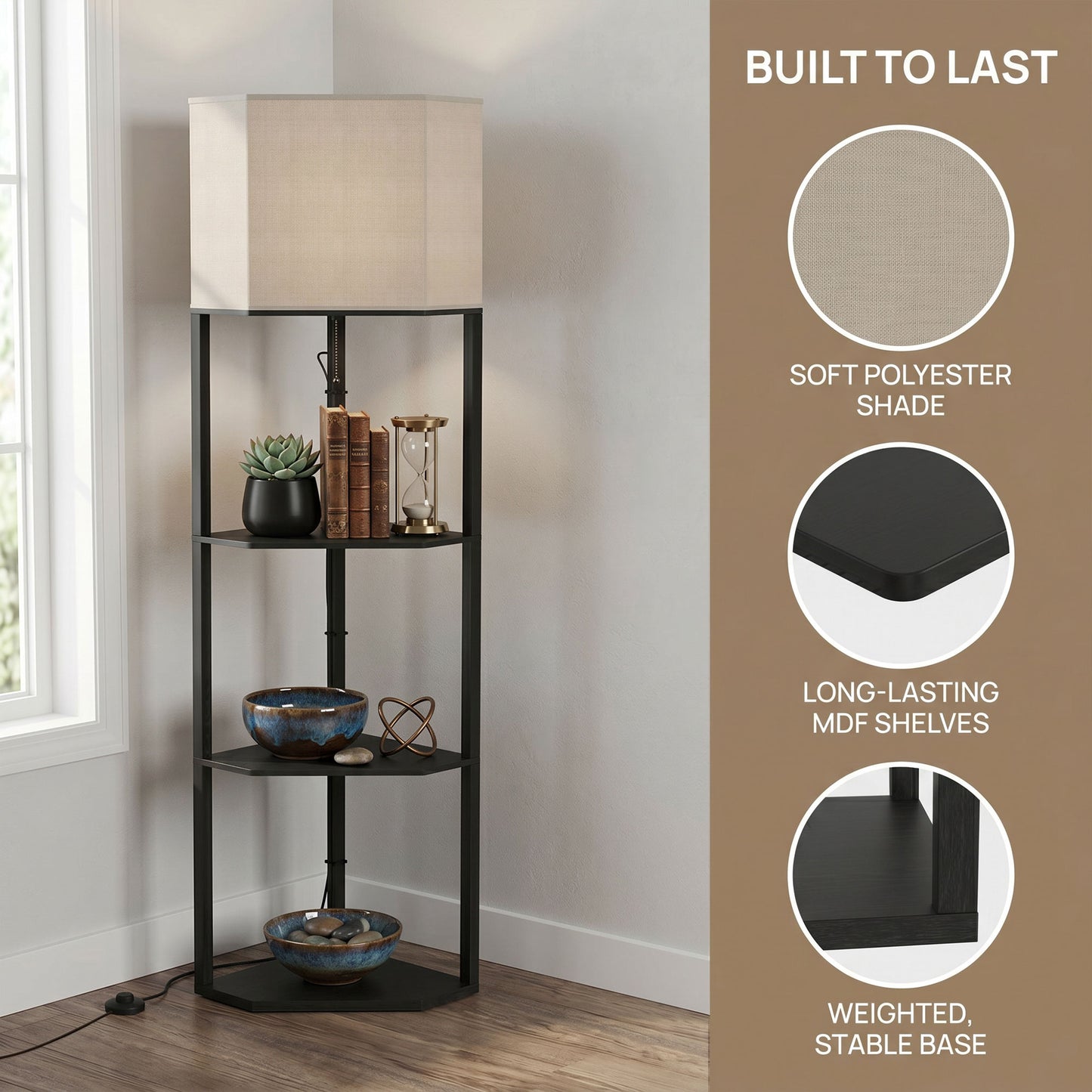 HOMCOM Corner Floor Lamp With Shelves And Dimmable Lights 3000K 4000K 6000K Color Temperature