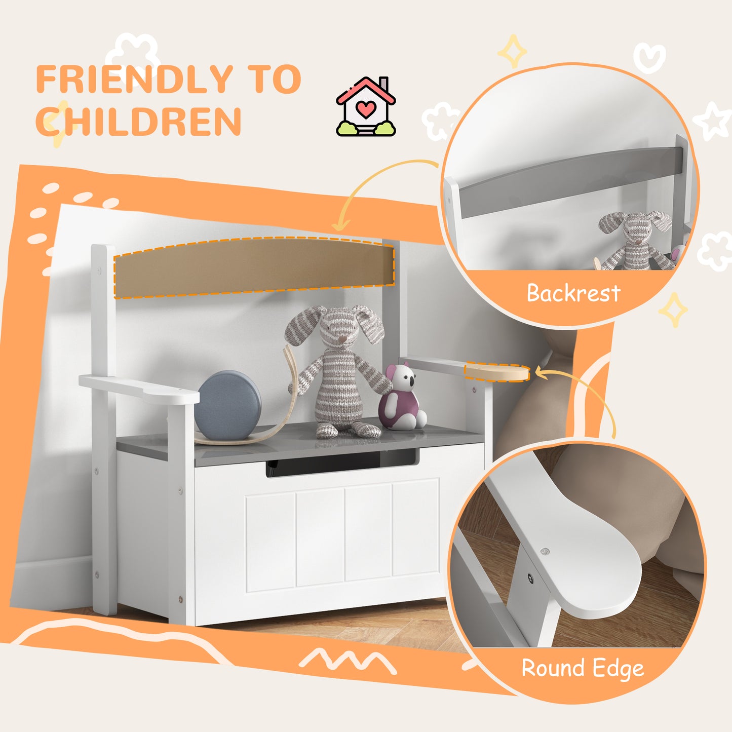AIYAPLAY 2 In 1 Toy Box Storage Bench With Lid For Kids Bedroom Nursery Playroom Grey