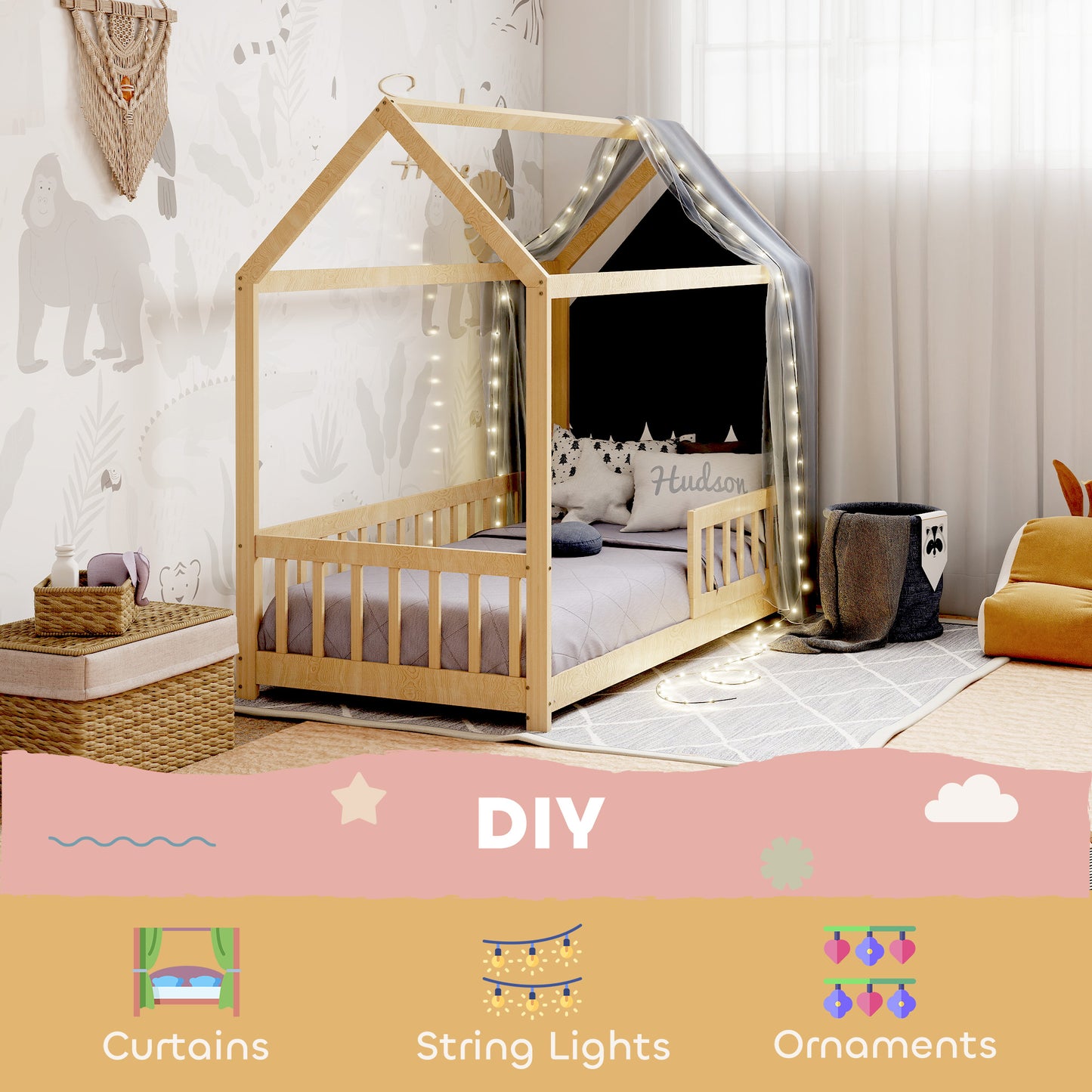 HOMCOM House Shaped Kids Bed Frame With Guard Rails Made From Solid Pine Wood Natural Finish Single Bed