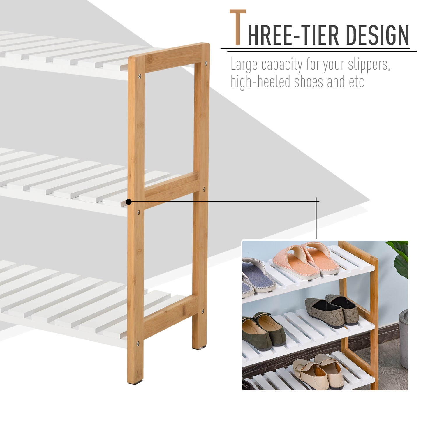 HOMCOM Stylish 3-Tier Wooden Shoe Rack with Slatted Shelves - Natural Finish for Home Organization - ALL4U RETAILER LTD