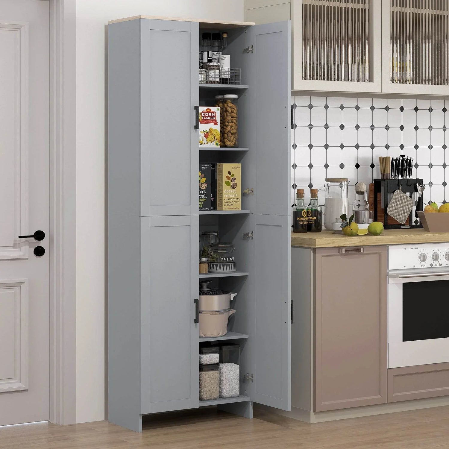 Tall Grey Kitchen Storage Cabinet with Adjustable Shelves and 4 Doors - ALL4U RETAILER LTD