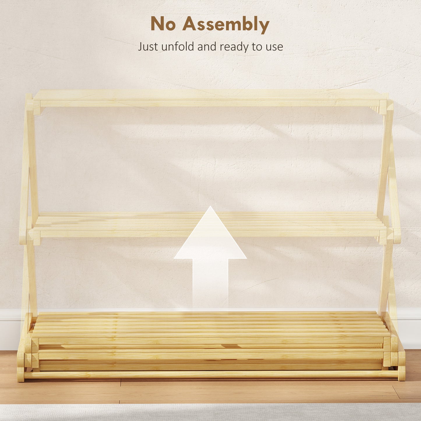 HOMCOM Three Tier Folding Bamboo Shoe Rack Natural Finish Holds Up To Nine Pairs Of Shoes And Boots