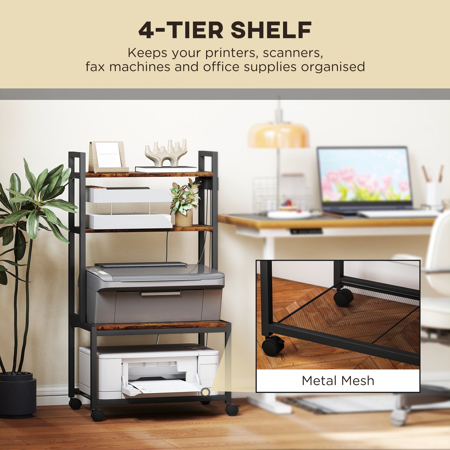 HOMCOM Four Tier Printer Stand With Power Outlets And Wheels Rustic Brown Storage Cart